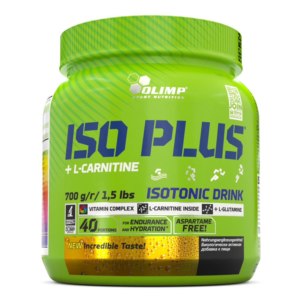 Olimp Iso Plus Powder 700g by Olimp Nutrition, blue and yellow sports supplement container with product branding