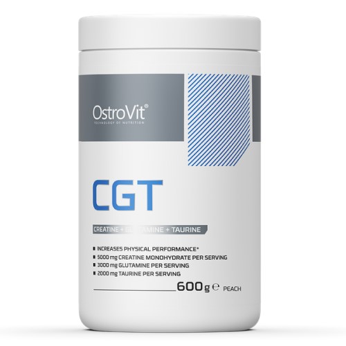 OstroVit CGT 600g peach flavour creatine, glutamine, and taurine supplement powder in a white container, designed to support physical performance.