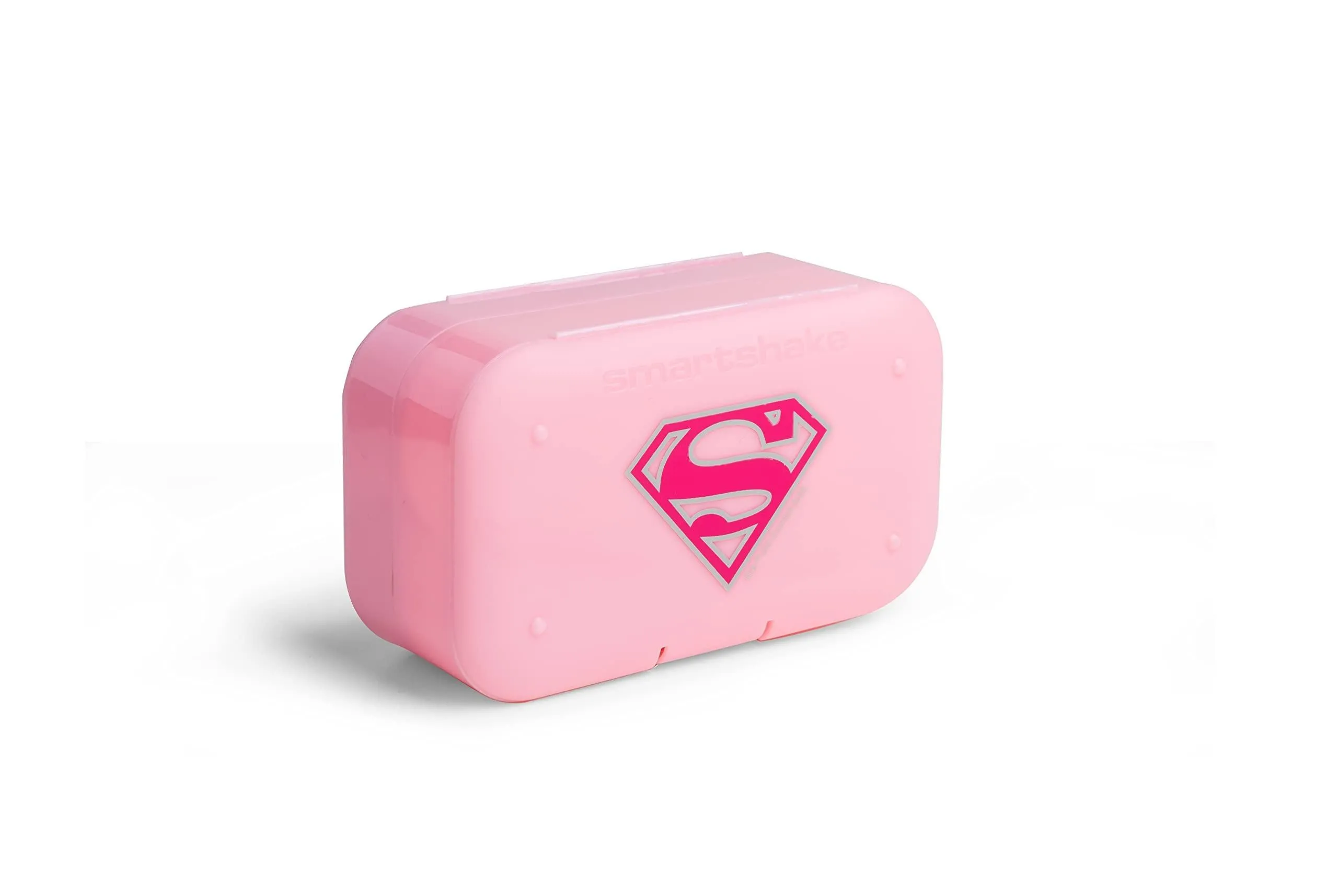 SmartShake Pill Box Organizer DC Supergirl 2pack, a compact pink pill organizer with the Supergirl logo, ideal for supplements or medication storage.
