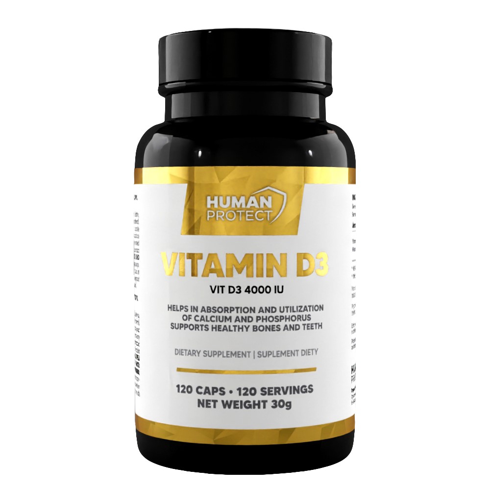 Human Protect Vitamin D3 4000 IU dietary supplement, 120 capsules, supports calcium and phosphorus absorption and healthy bones and teeth, black and gold bottle.
