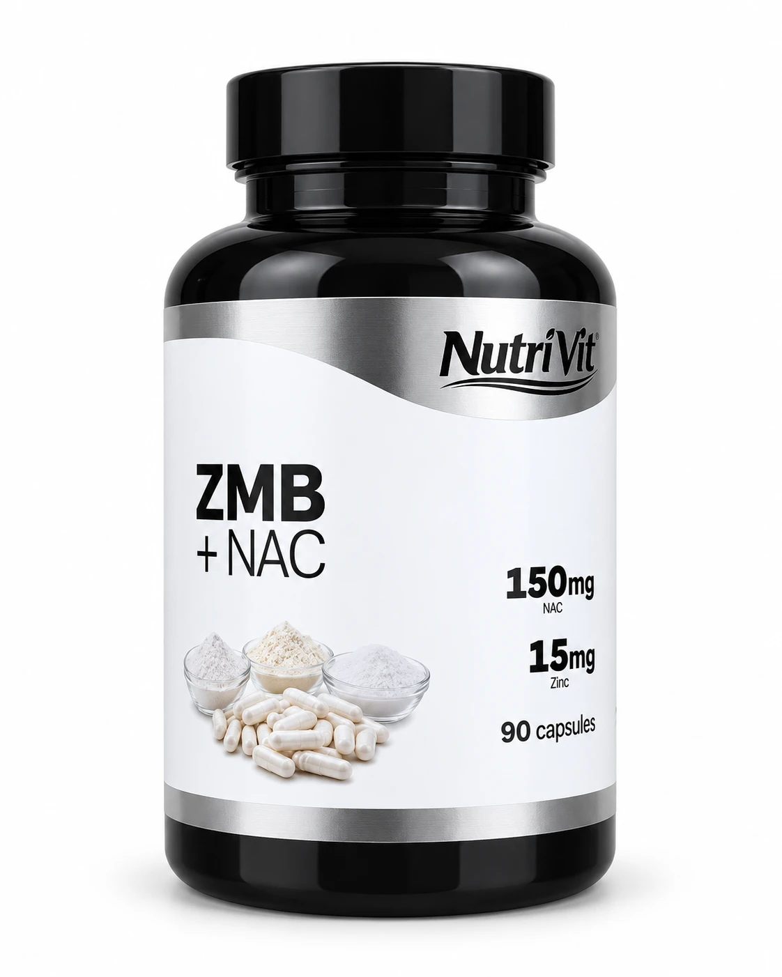 NutriVit ZMB + NAC capsule dietary supplement with 150 mg NAC and 15 mg zinc, 90 capsules in a black bottle