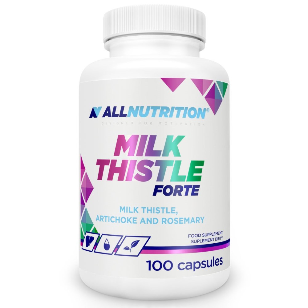 Allnutrition Milk Thistle Forte 100 capsules, a dietary supplement containing milk thistle, artichoke, and rosemary, in a white bottle with colorful geometric accents.