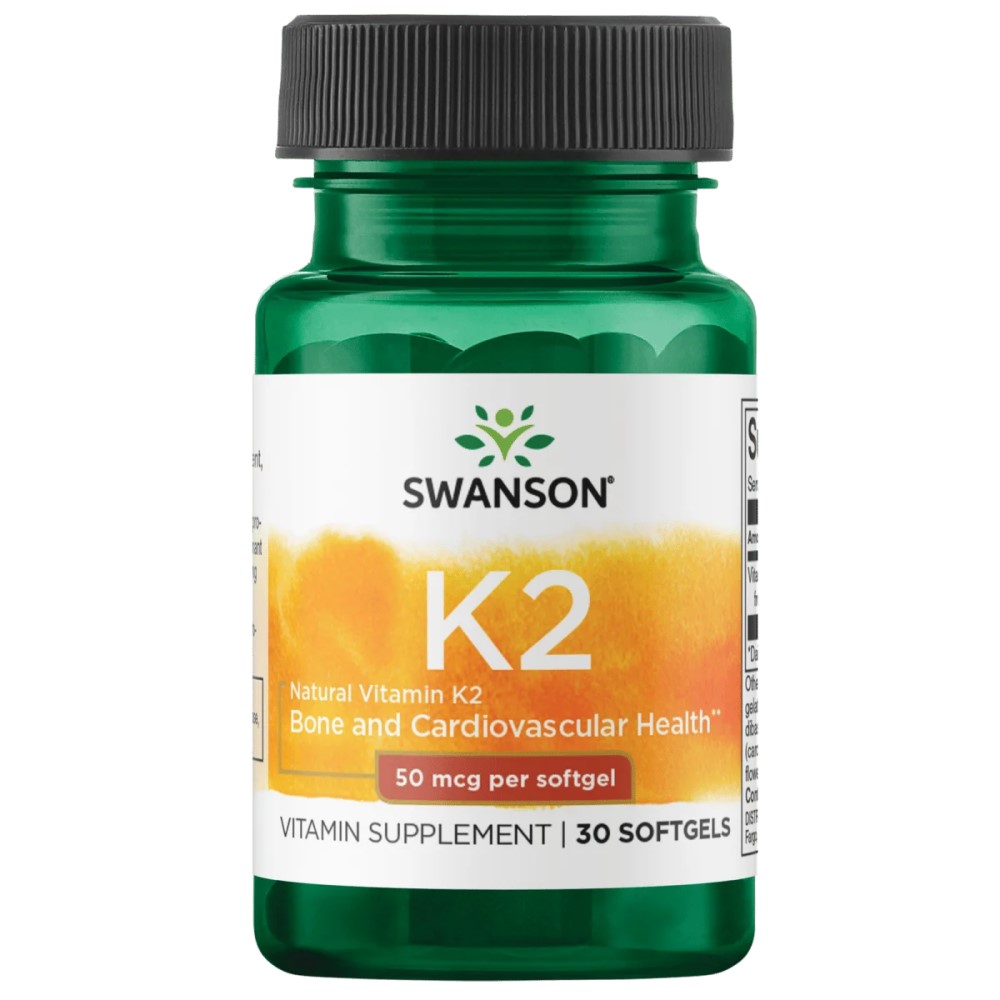 Swanson K2 Natural Vitamin K2 supplement, 30 softgels, for bone and cardiovascular health, in a green bottle with a black cap.