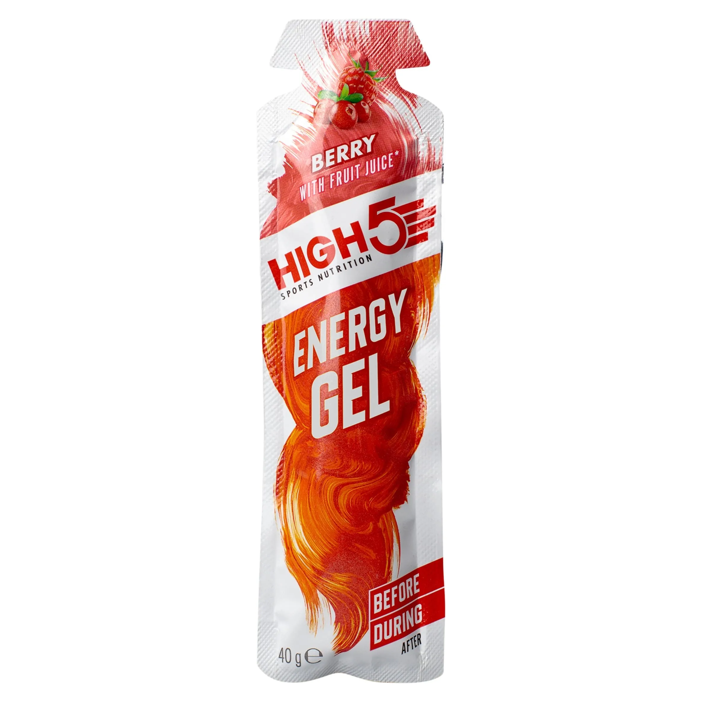 High5 Sports Nutrition Energy Gel Berry 40g sachet, a vegan-friendly, fast-acting carbohydrate gel with real fruit juice for endurance sports.