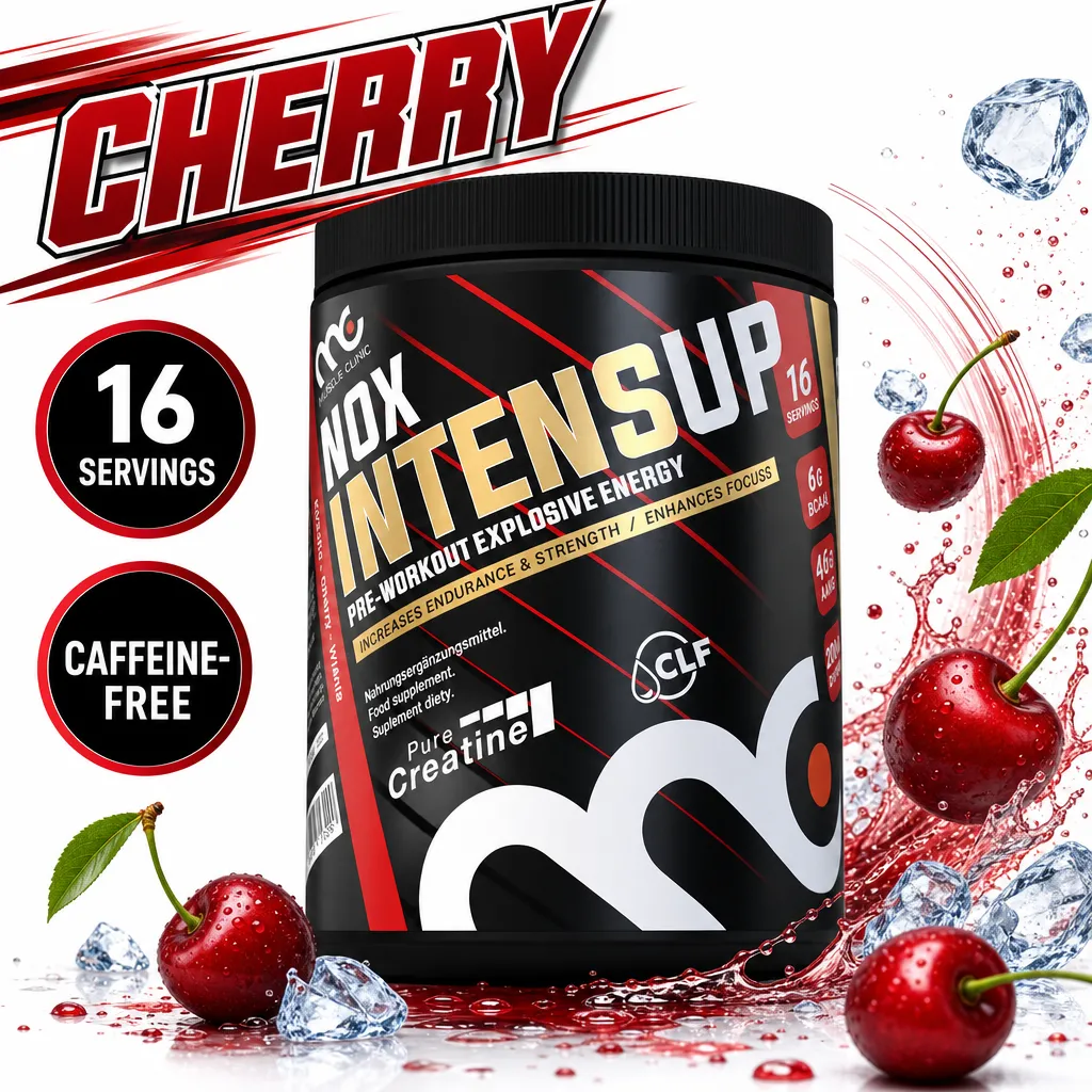 Muscle Clinic NOX IntenseUp 640g cherry-flavoured pre-workout powder in a black tub with 16 servings