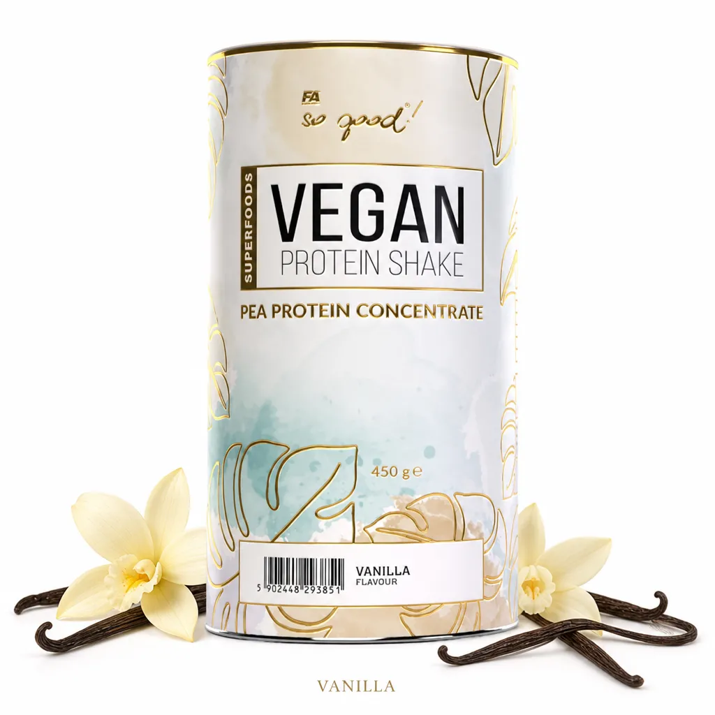 FA So Good! Vegan Protein Shake 450g Vanilla is a plant-based protein powder with pea protein concentrate, suitable for vegans and those with food sensitivities.