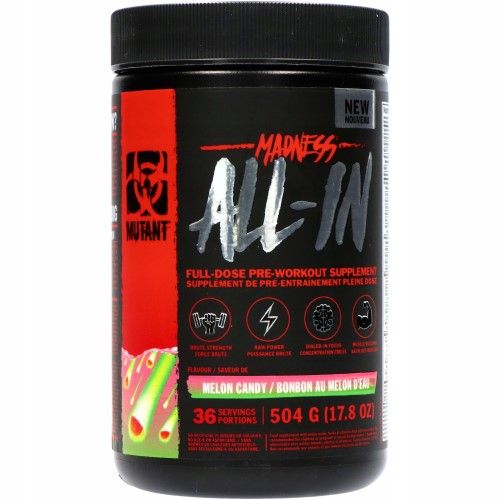 Mutant Madness All-In full-dose pre-workout supplement, 504g tub, melon candy flavour, black and red packaging, 36 servings per container.