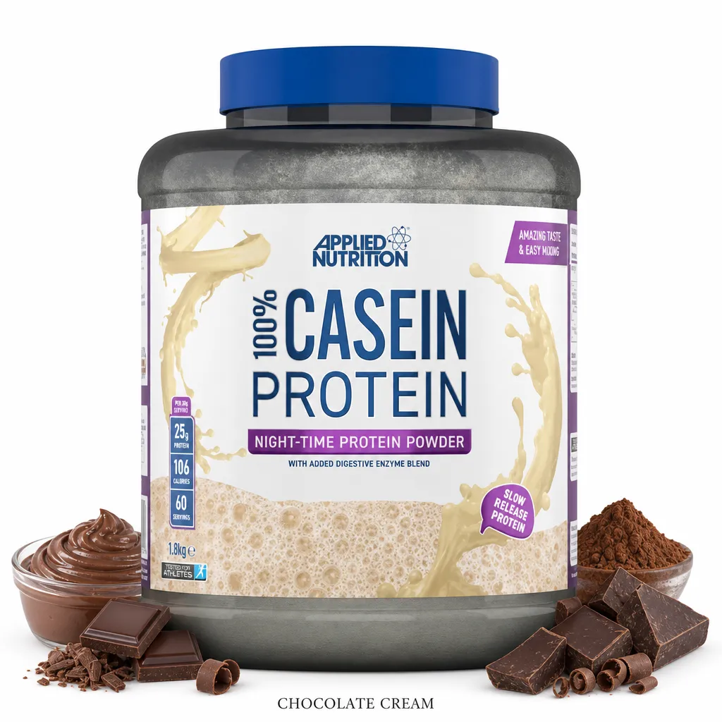 Applied Nutrition 100% Casein Protein 1800g chocolate cream flavour is a slow-release, night-time protein powder with digestive enzymes, ideal for muscle recovery.