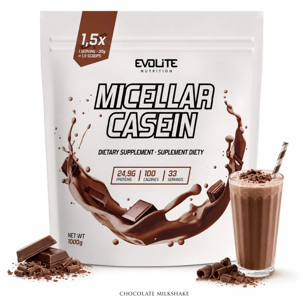 Evolite Nutrition Micellar Casein 1000g chocolate milkshake flavor protein powder, featuring 24.9g protein per serving, low sugar, and 33 servings per pouch.