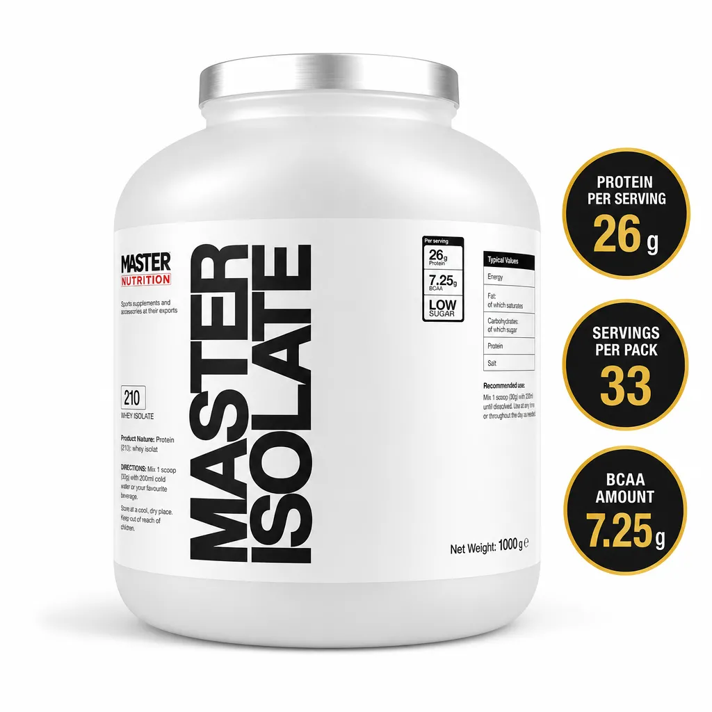 Master Nutrition Isolate 1000g whey protein isolate powder in a white tub, providing 26g protein per serving and 33 servings