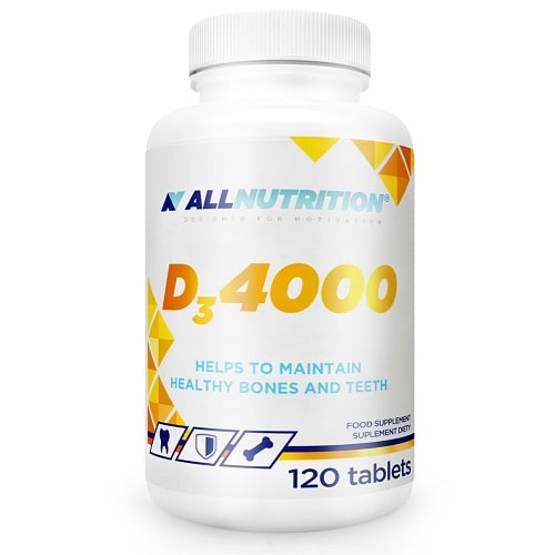 Allnutrition Vit D3 4000 vitamin D supplement, 120 tablets, supports healthy bones and teeth, white bottle with yellow and blue accents.