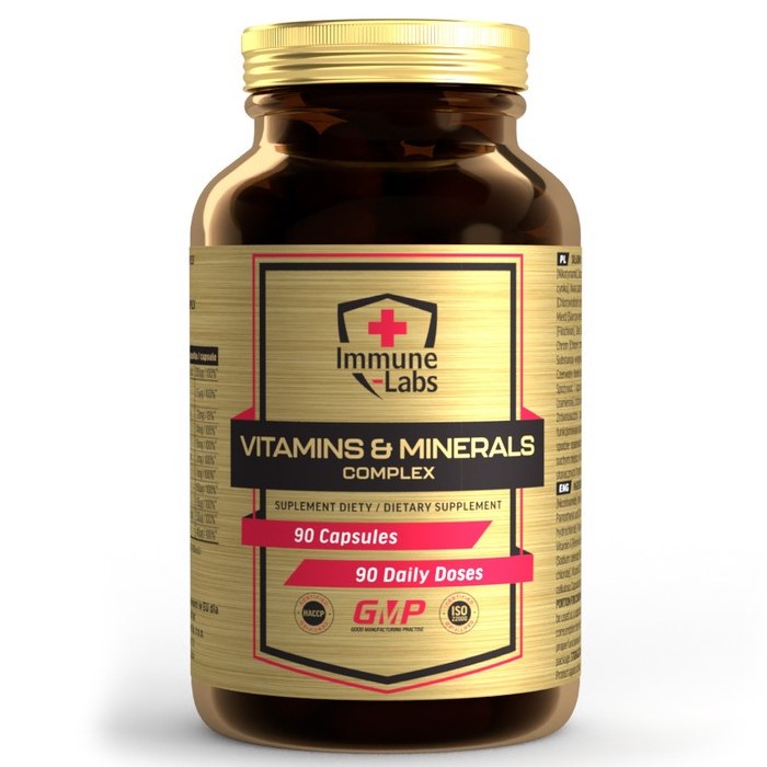 Immune Labs Vitamins & Minerals Complex dietary supplement with 90 capsules, designed to provide daily doses of essential vitamins and minerals, in a brown bottle with a gold label.