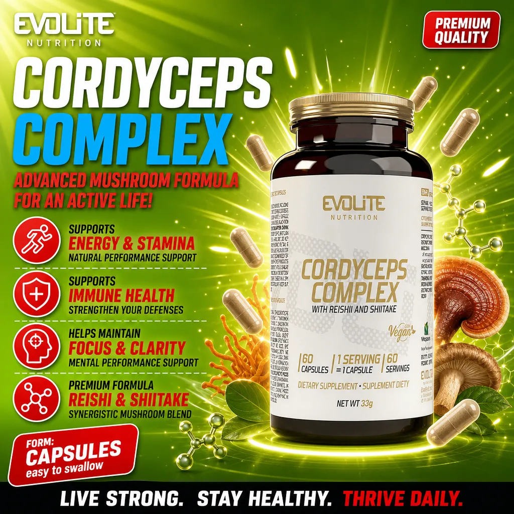 Evolite Cordyceps Complex with Reishi and Shiitake, 60 vegan capsules, mushroom supplement for energy, stamina, immune health, and focus, in a green-themed promotional image.