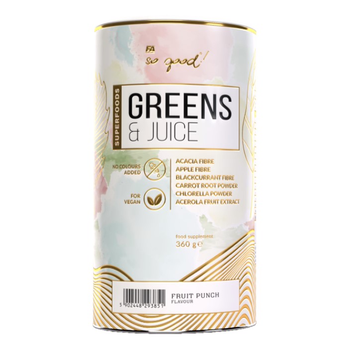 FA So Good! Greens & Juice 360g fruit punch flavour superfood powder with acacia fibre, apple fibre, blackcurrant fibre, carrot root powder, chlorella powder, and acerola fruit extract.