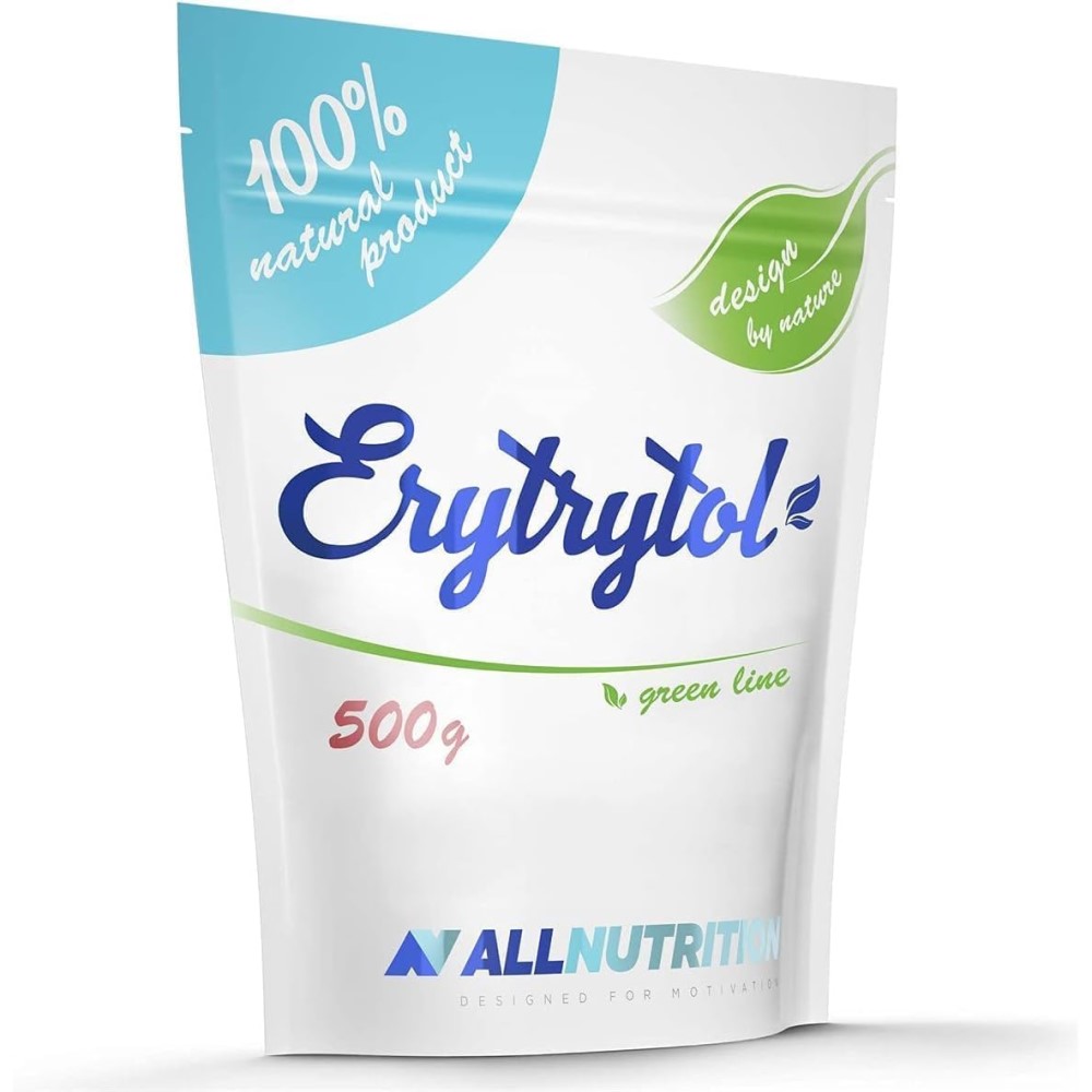 Allnutrition Erytrytol Green Line 500g natural sweetener in a white and blue resealable pouch, sugar substitute, 100% natural product.