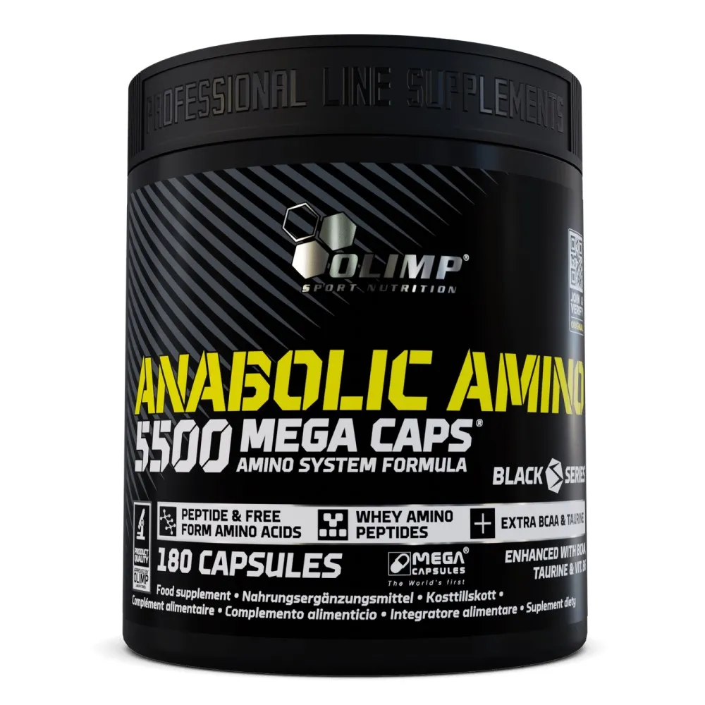 Olimp Anabolic Amino 5500 Mega Caps amino acid supplement in a black tub, 180 capsules, featuring whey amino peptides, extra BCAA, and taurine.