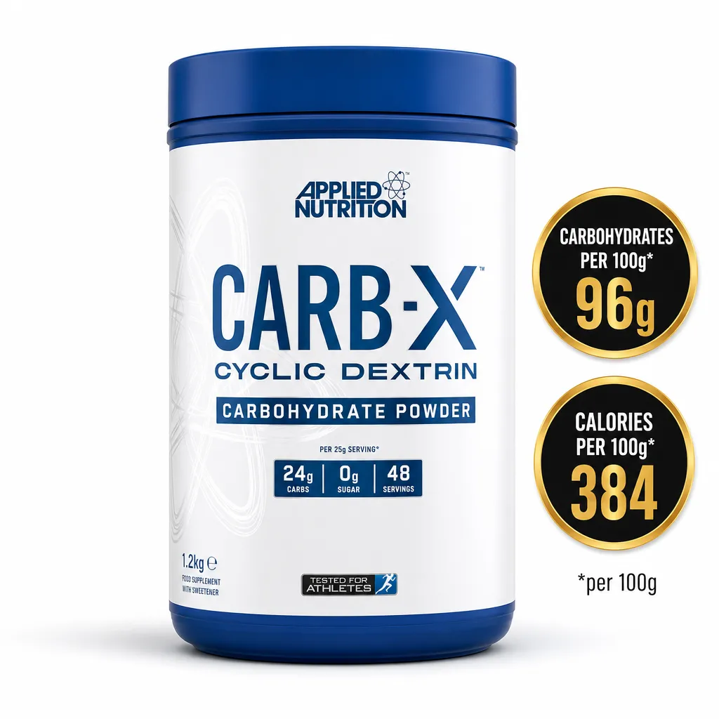 Applied Nutrition Carb X 1200g cyclic dextrin carbohydrate powder supplement in a white tub with blue lid