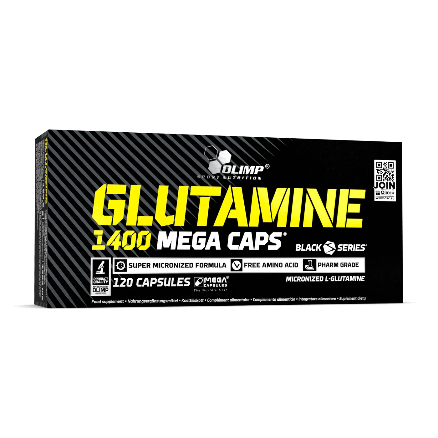 Olimp Nutrition Glutamine 1400mg 120 Caps, high-potency L-glutamine supplement for muscle recovery, in a black box with yellow and white text.