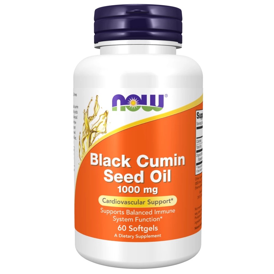 NOW Foods Black Cumin Seed Oil 60 Softgels bottle with label, likely showing supplement facts and branding