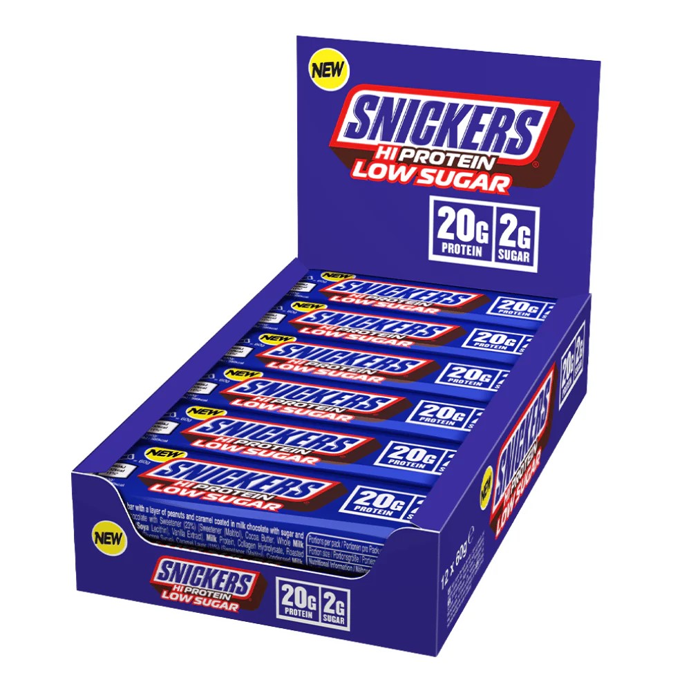 Snickers Hi Protein Low Sugar bar multipack, original flavour, featuring 20g protein and 2g sugar per bar, in a blue display box containing 12 bars.