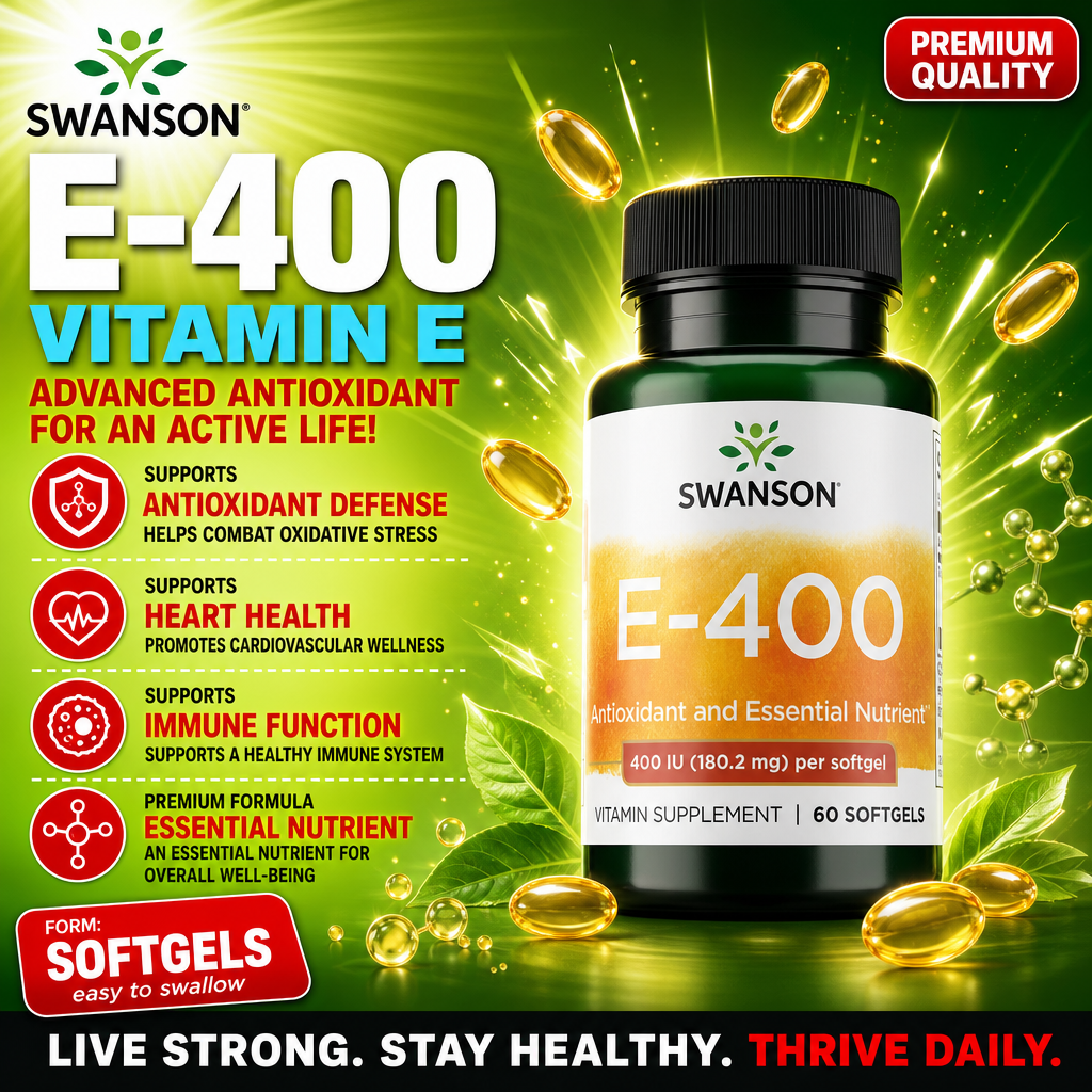 Swanson E-400 Vitamin E 60 softgels antioxidant and essential nutrient supplement, 400 IU per softgel, in a green bottle with yellow and white label.