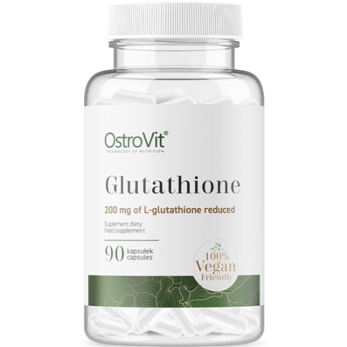 OstroVit Glutathione 90 Vege Caps, 200 mg L-glutathione reduced, vegan-friendly dietary supplement in a clear bottle with white capsules.