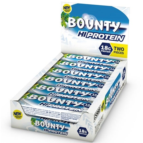 Bounty HiProtein Bar 52g box of 12, high-protein chocolate coconut bars with 18g protein per bar, blue and white packaging