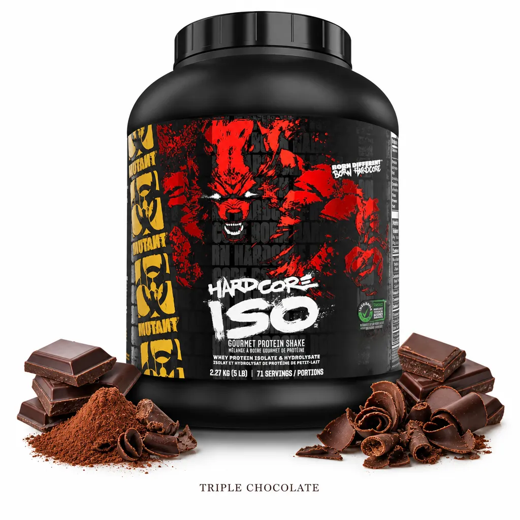 Mutant Hardcore Iso 2270g triple chocolate protein powder, featuring a bold black and red container with a graphic design, surrounded by chocolate pieces and cocoa powder.