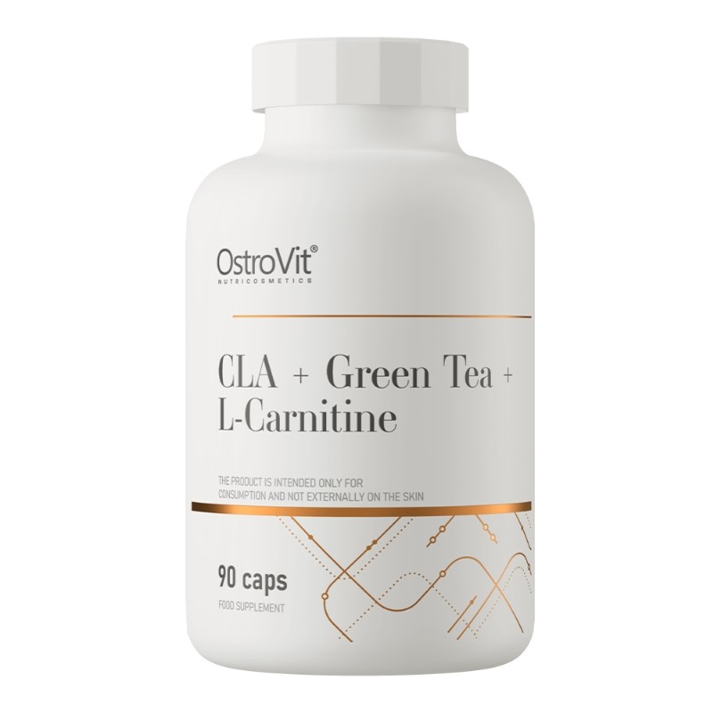 OstroVit CLA + Green Tea + L-Carnitine 90 caps dietary supplement with conjugated linoleic acid, green tea extract, and L-carnitine, in a white bottle with gold accents.