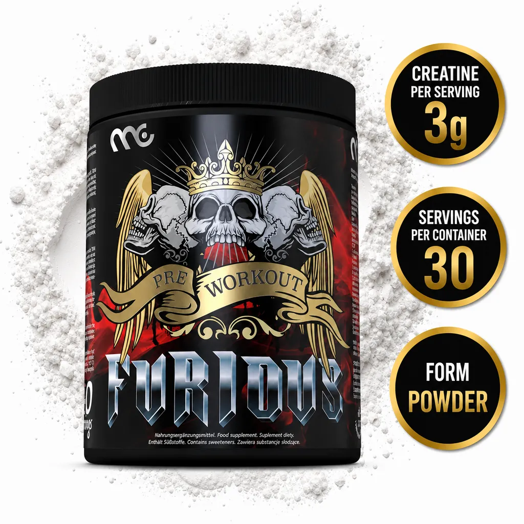 Muscle Clinic FURIOUS Pre-Workout 450g, bubble gum flavour powder in a black tub with 30 servings.