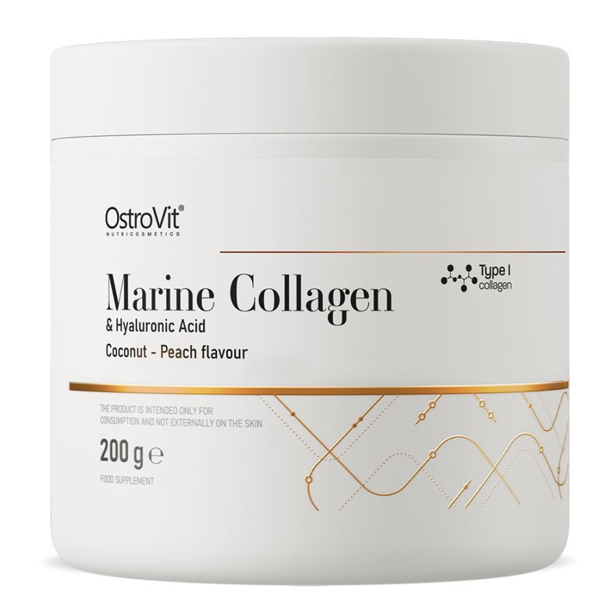OstroVit Marine Collagen & Hyaluronic Acid 200g coconut and peach flavour food supplement, Type I collagen powder in a white tub.