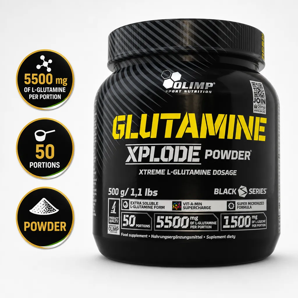Olimp Glutamine Xplode 500g micronized glutamine powder supplement in a black 500 g tub with 50 servings