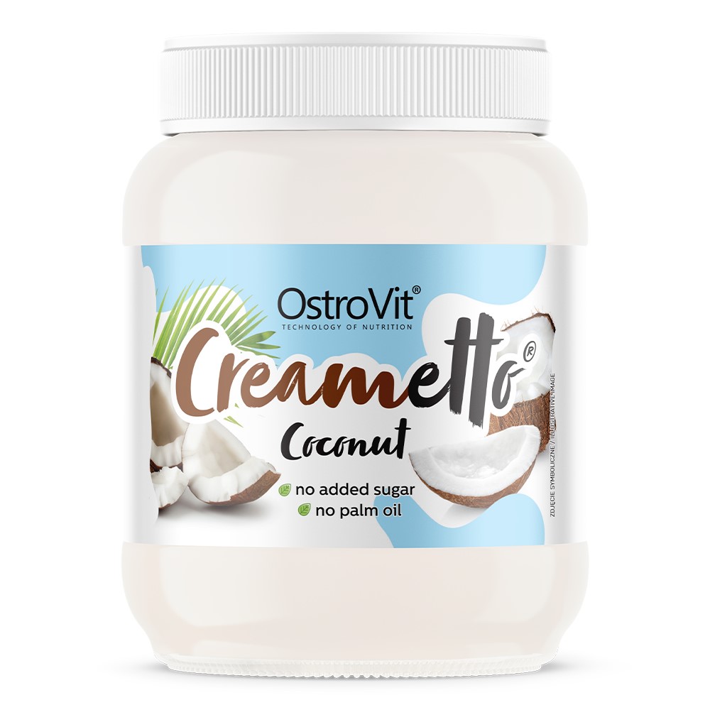 OstroVit Creametto Coconut is a coconut-flavoured spread with no added sugar and no palm oil, in a white jar with a blue and white label featuring coconut imagery.