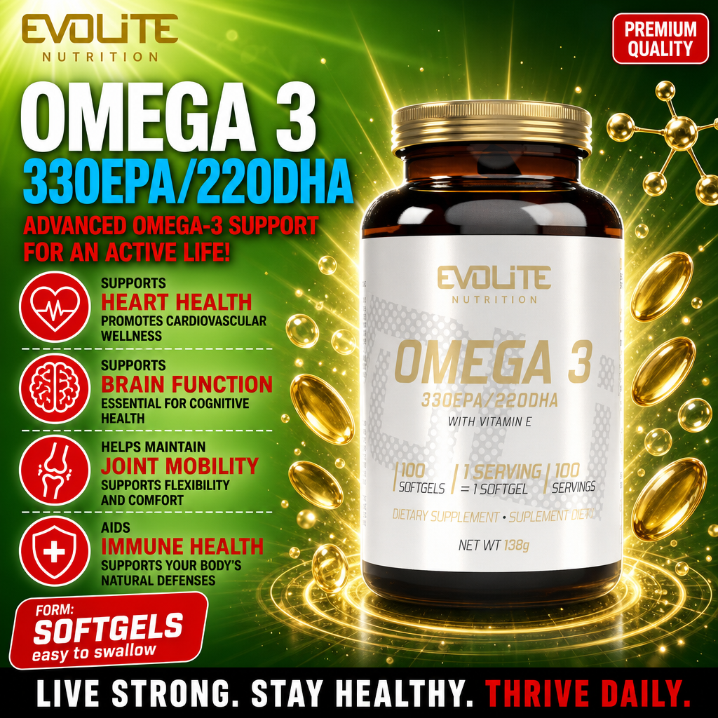 Evolite Omega 3 330EPA/220DHA 100 Softgels bottle with blue and white label, showing supplement details