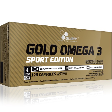 Olimp Gold Omega 3 Sport Edition 120 capsules, high-strength omega-3 fatty acids supplement for brain and heart health, gold packaging