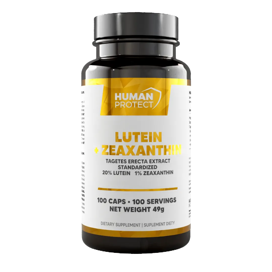 Human Protect Lutein + Zeaxanthin dietary supplement, 100 capsules and 49 g, in a black bottle with a white and yellow label.