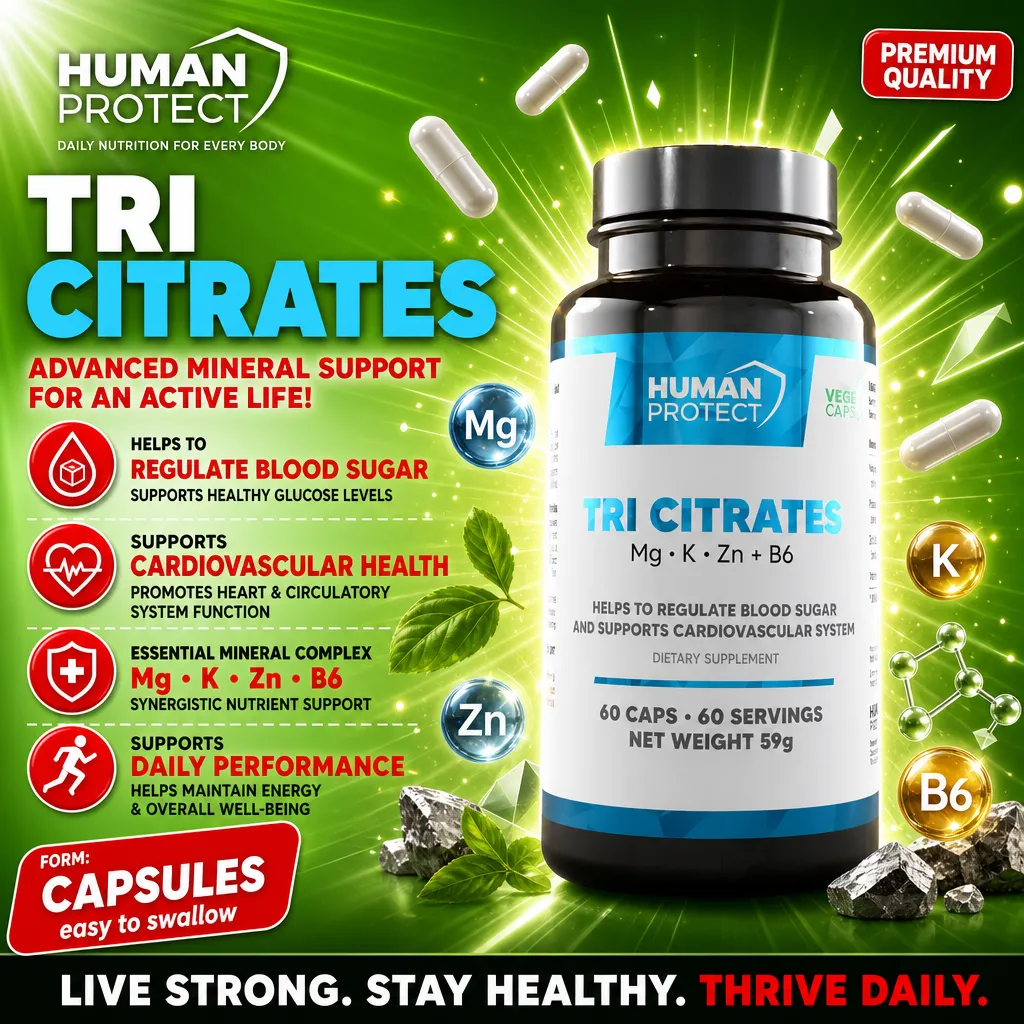 Human Protect Tri Citrates dietary supplement, 60 capsules, featuring magnesium, potassium, zinc, and vitamin B6 for blood sugar regulation and cardiovascular support. Black bottle with blue and white label, green background.