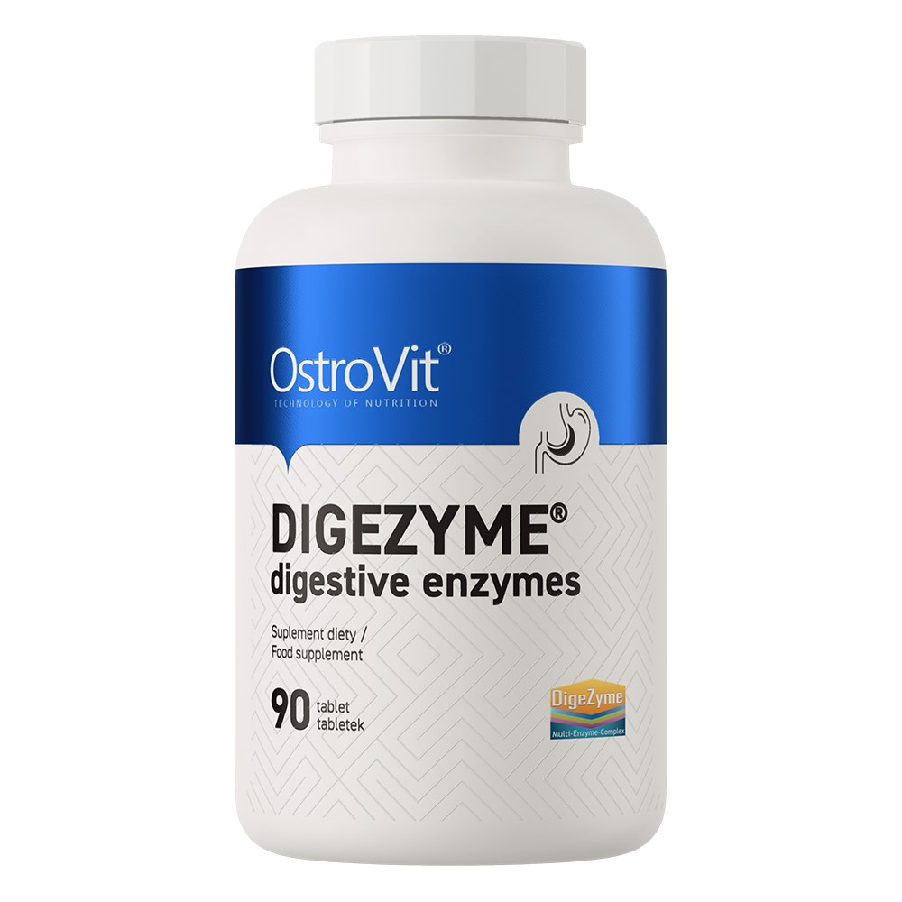 OstroVit DigeZyme Digestive Enzymes 90 tablet food supplement with a multi-enzyme complex, designed to support digestion, in a white bottle with blue label.