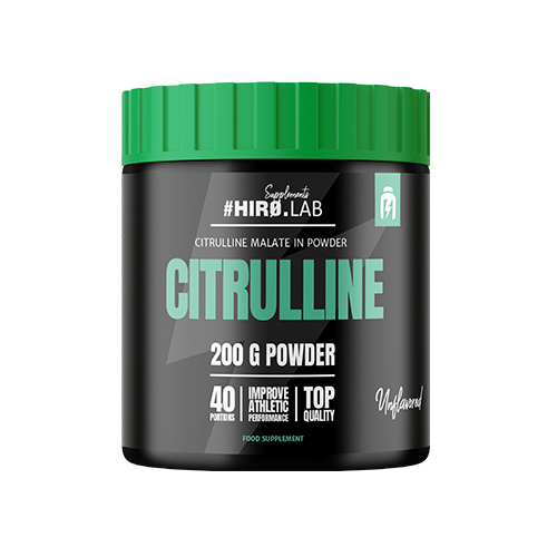 Hiro Lab Citrulline 200g unflavored powder supplement, citrulline malate for athletic performance, black container with green lid.