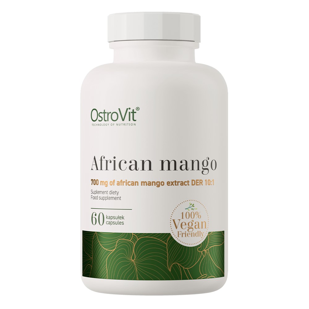 OstroVit African Mango 60 capsules vegan-friendly food supplement with 700 mg of African mango extract DER 10:1, suitable for vegans, in a white and green bottle.