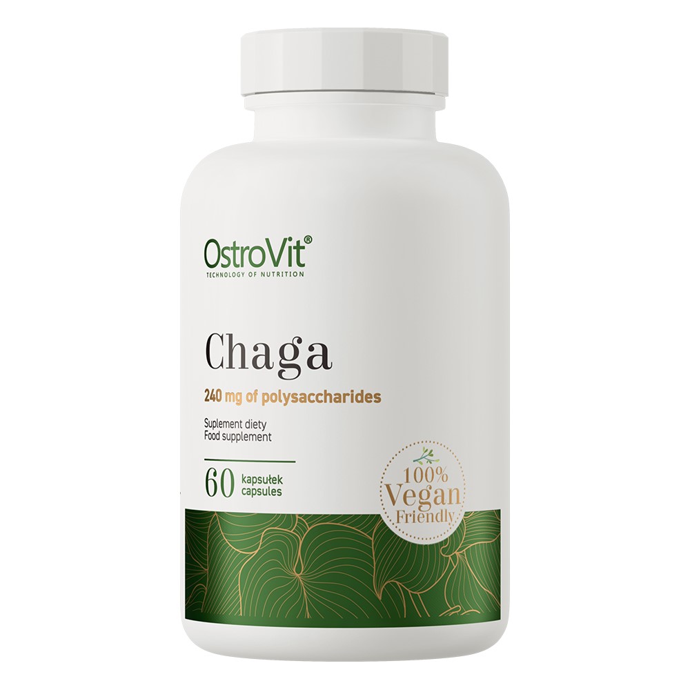 OstroVit Chaga vegan-friendly food supplement with 60 capsules, containing 240 mg of polysaccharides per serving, in a white and green bottle.