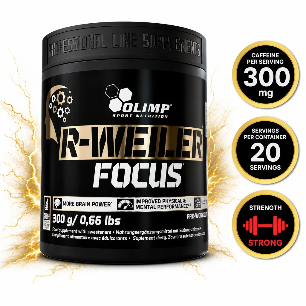 Olimp R-Weiler Focus 300g pre-workout powder supplement in a black and gold tub with a focus and performance formula