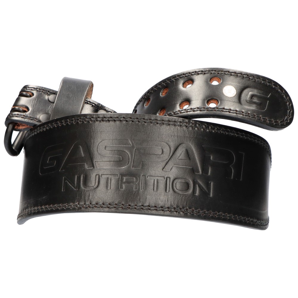Gaspari Nutrition Leather Belt, a black leather weightlifting belt with embossed branding, designed for gym and fitness support.