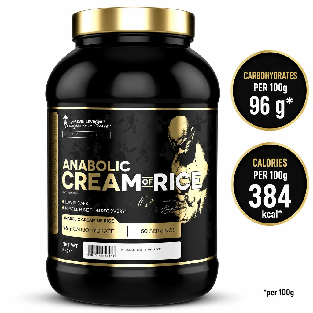 Kevin Levrone Anabolic Cream of Rice, 2kg carbohydrate powder with 96% rice flour in a black container