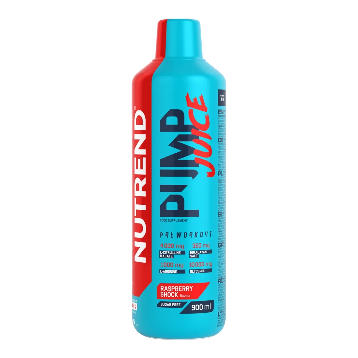 Nutrend Pump Juice 900ml caffeine-free pre-workout supplement with L-citrulline malate, L-arginine, glycerol, and Himalayan salt in raspberry shock flavor.