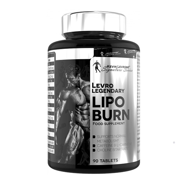 Kevin Levrone Levro Legendary Lipo Burn food supplement, 90 tablets, supports normal metabolism with caffeine, L-carnitine, and choline bitartrate, black and silver packaging.