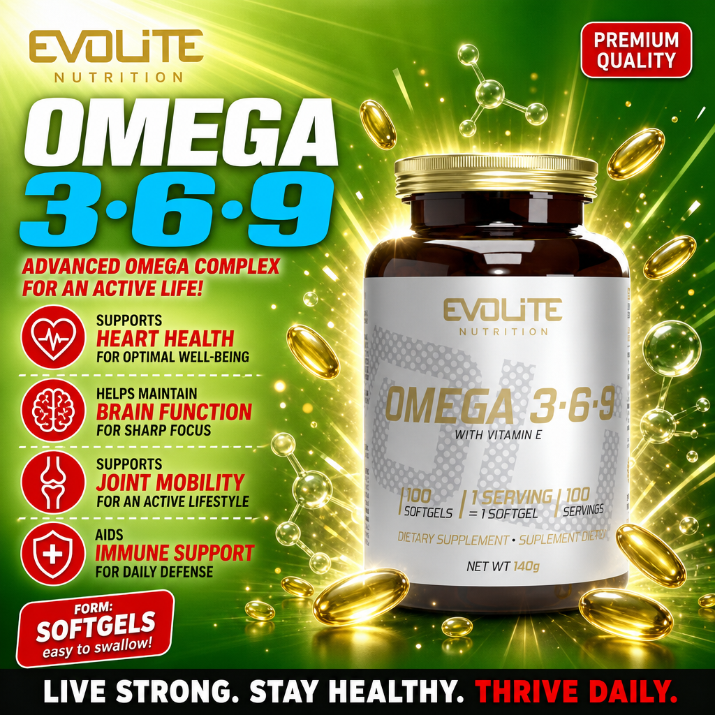 Evolite Omega 3-6-9 softgels dietary supplement with vitamin E, 100 softgels per bottle, supports heart health, brain function, joint mobility, and immune support.