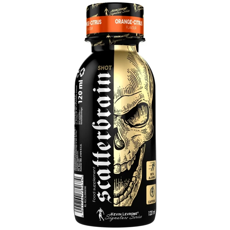 Kevin Levrone ScatterBrain Shot Orange Citrus 120ml pre-workout supplement, featuring a bold black and gold skull design, high caffeine, and beta-alanine.