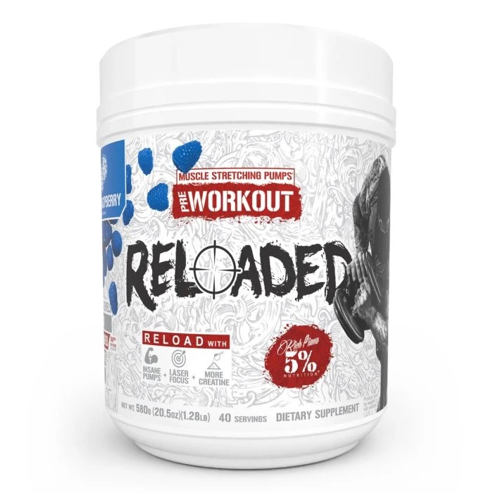 5% Nutrition Reloaded Pre Workout 40 Servings container, black tub with bold branding and supplement label
