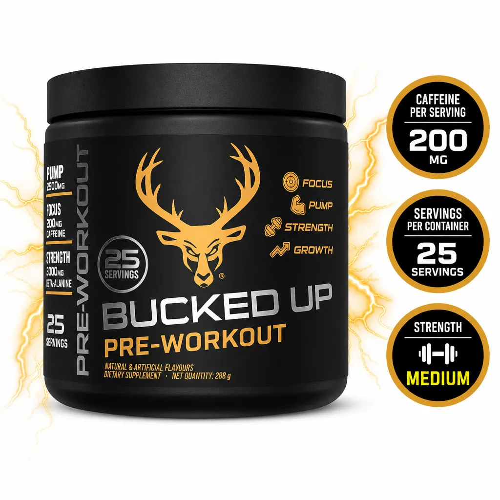 Bucked Up Pre-Workout supplement, 25 servings in a black tub with 200mg caffeine per serving and medium strength formula
